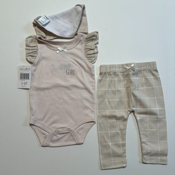 3-6M Zoey and Miles Baby Girls 3 Piece Outfit Set | Bodysuit, Pants and Bib - Picture 1 of 7